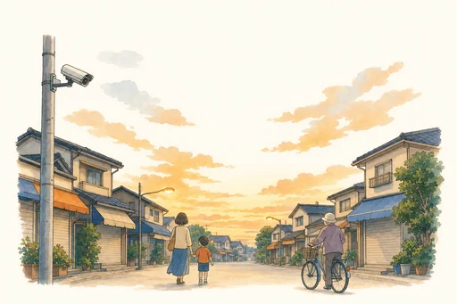 夕方の商店街を、電柱の防犯カメラが静かに見守っているイラスト