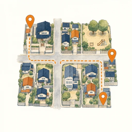 町の地図を上から見て、3か所に目印が立っているイラスト