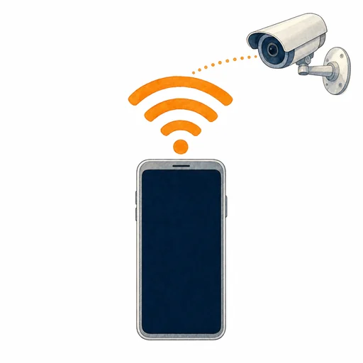 スマートフォンと電波のマーク、防犯カメラのイラスト