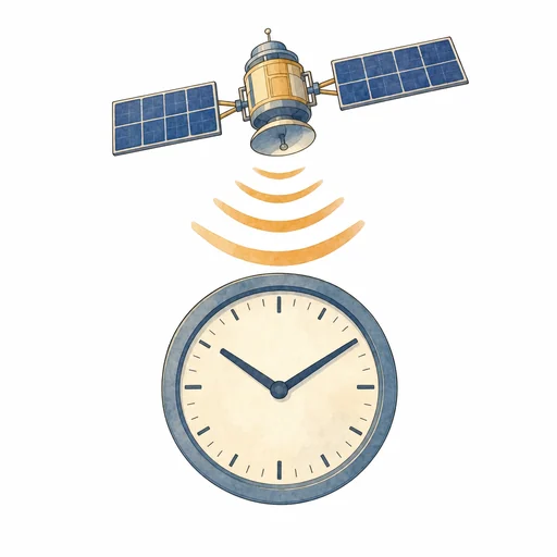 人工衛星から時計へ電波が届いているイラスト