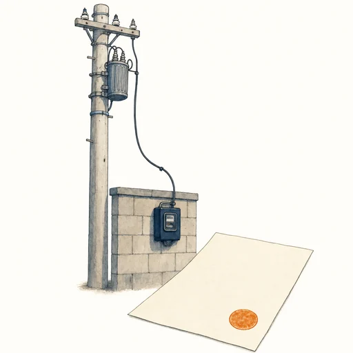電柱から引き込み線が下り、申請書に印が押されているイラスト