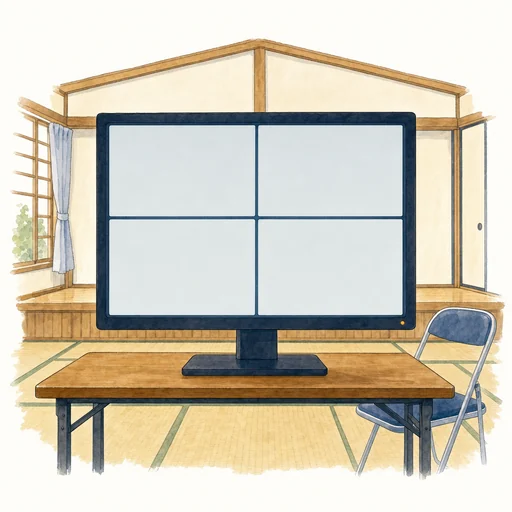 集会所の机に置かれた確認用モニターのイラスト