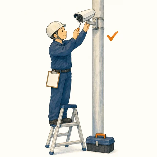 脚立に登って防犯カメラを点検する作業員のイラスト