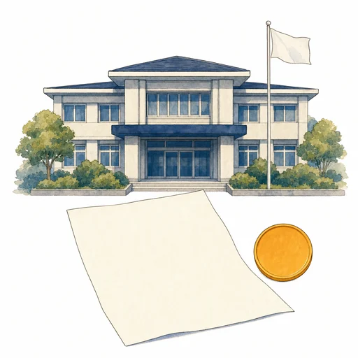 市役所の建物と、白紙の書類・硬貨のイラスト